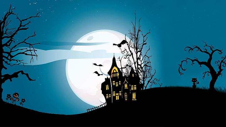 Halloween, citrouille, lune, arbres, maison, chat, chauves-souris, art numérique, Fond d'écran HD