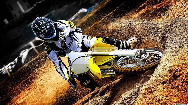 белый и желтый мотокросс грязный велосипед, песок, обои, спорт, грязь, руль, костюм, мотоцикл, шлем, мотокросс, Suzuki, Suzuki Rm Z450, HD обои
