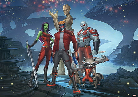 Komiksy, Strażnicy Galaktyki, Drax The Destroyer, Gamora, Groot, Marvel Comics, Rocket Raccoon, Star Lord, Tapety HD HD wallpaper