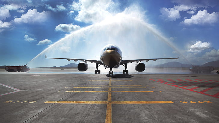 Airbus A330 passenger aircraft, watering, airport, black airplane, Airbus, Passenger, Aircraft, Watering, Airport, HD wallpaper