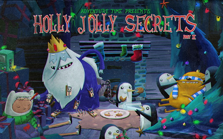 Обои Holly Jolly Secrets, Время приключений, Пес Джейка, Финн Человек, Ледяной Король, BMO, Гюнтер, HD обои