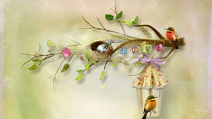 Birds Joy, spring, birds, love, leaves, summer, flowers, nest, animals, HD wallpaper