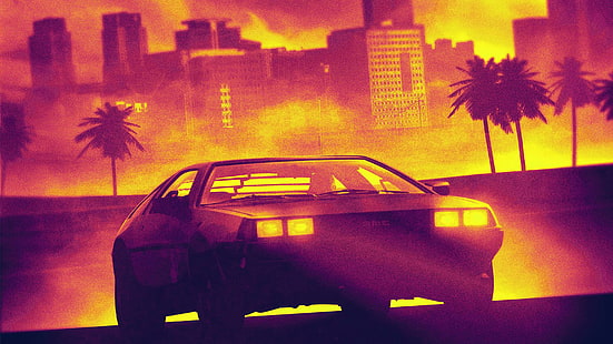 gray coupe illustration, Retrowave, car, old car, palm trees, cityscape, yellow, DMC DeLorean, HD wallpaper HD wallpaper