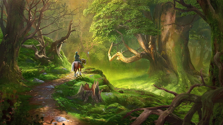 човек конна езда илюстрация, видео игри, Легендата за Зелда, Връзка, гора, фентъзи изкуство, HD тапет
