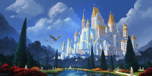 Андреас Роша, замък, дракон, създание, градина, дървета, езеро, цветя, кула, планини, небе, облаци, фентъзи изкуство, илюстрация, концептуално изкуство, хора, дигитално изкуство, произведения на изкуството, HD тапет HD wallpaper