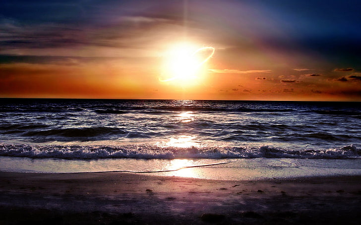 غروب الشمس ، الشاطئ ، البحر ، الأمواج ، السماء ، الأفق، خلفية HD