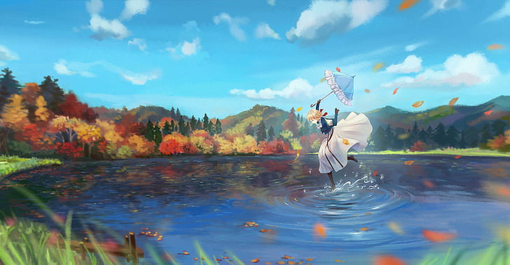 anime, anime girls, umbrella, nature, sky, fall, Violet Evergarden, HD wallpaper