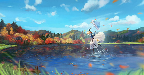 anime, animeflickor, paraply, natur, himmel, fall, Violet Evergarden, HD tapet HD wallpaper