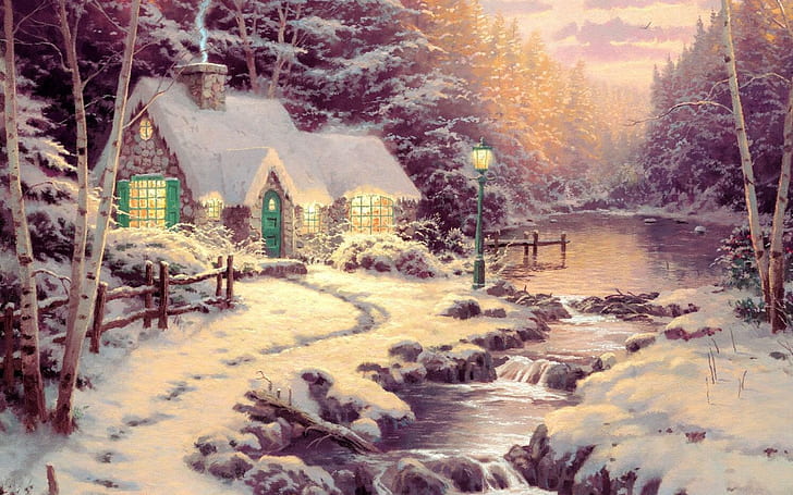 winter, forest, river, picture, ate, painting, cottage, birch, art, snow, evening, Thomas Kinkade, The evening light, Evening Glow, HD wallpaper