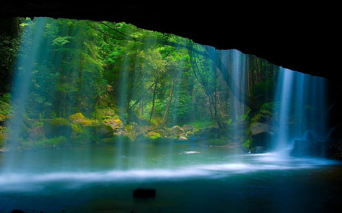 waterfall and cave, landscape, HD wallpaper HD wallpaper