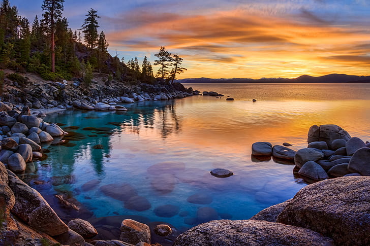 Kalifornia, jezioro, jezioro tahoe, Nevada, jezioro, Kalifornia, kamienie, zachód słońca, jezioro tahoe, Sierra, Tapety HD