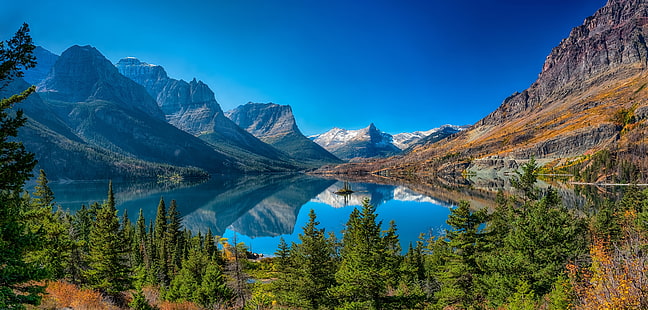 الأشجار ، الجبال ، البحيرة ، الانعكاس ، مونتانا ، الحديقة الجليدية الوطنية ، بحيرة سانت ماري ، جبال روكي ، جزيرة وايلد جوس ، بحيرة سانت ماري، خلفية HD HD wallpaper