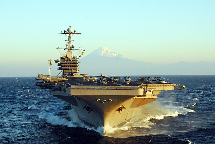 gray aircraft carrier, sea, wave, mountain, the carrier, George Washington, USS, type 