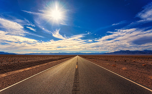 Road Trip HD Wallpaper, concrete road surrounded by sand, Nature, Landscape, Desert, Scenery, Sunny, Road, Photography, Straight, barren, desolate, HD wallpaper HD wallpaper