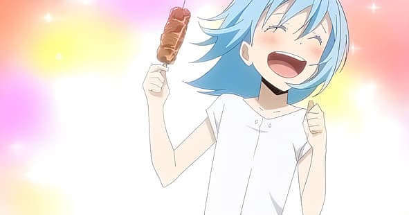аниме мальчики, аниме девушки, Скриншот аниме, рубашка, улыбается, синие волосы, простой фон, Rimuru Tempest, Tensei Shitara Slime Datta Ken, мясо, HD обои HD wallpaper