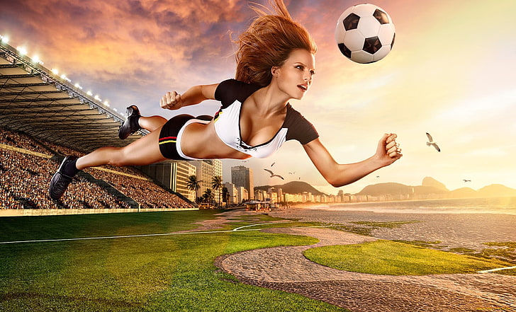 サッカーボール、サッカー、デジタルアート、女性、モデル、ボール、スポーツ、サッカーボールとダイビングの女性イラスト、 HDデスクトップの壁紙