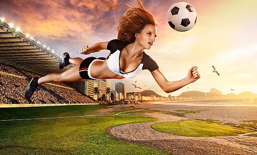 diving woman illustration with soccer ball, soccer, digital art, women, model, balls, sport , soccer ball, HD wallpaper HD wallpaper