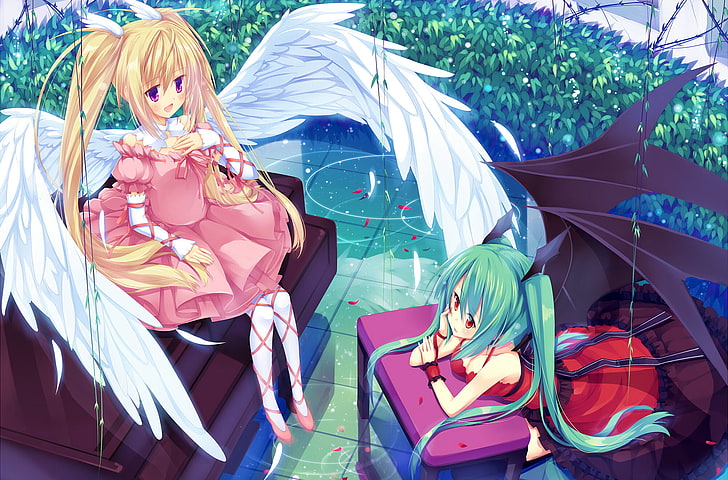 angel and demon women illustration, two girls, angel, demon, wings, water, feathers, plant, HD wallpaper