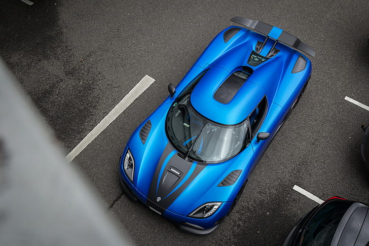 car, supercars, Koenigsegg Agera, Koenigsegg, blue cars, carbon fiber, black cars, Super Car, aerial view, blue, HD wallpaper