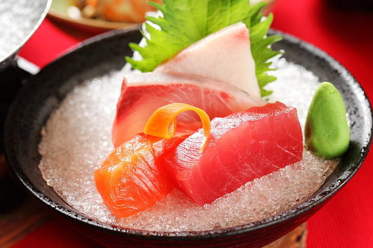 pasta de wasabi, salmão e sushi de atum, peixe, sal, wasabi, HD papel de parede