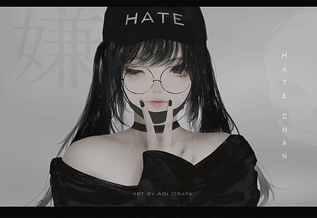 Aoi Ogata, cheveux noirs, asiatiques, femmes, filles anime, anime, lunettes, ongles peints, femmes avec des lunettes, Fond d'écran HD HD wallpaper