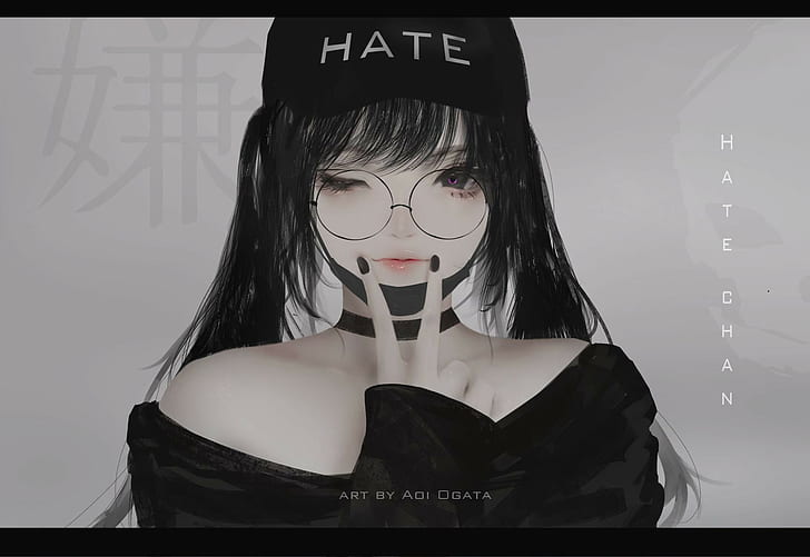 Aoi Ogata, cabello negro, asiático, mujeres, chicas anime, anime, gafas, uñas pintadas, Fondo de pantalla HD