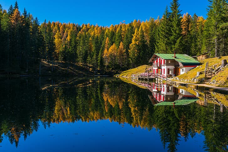 autumn, forest, landscape, nature, lake, house, reflection, Bank, HD wallpaper