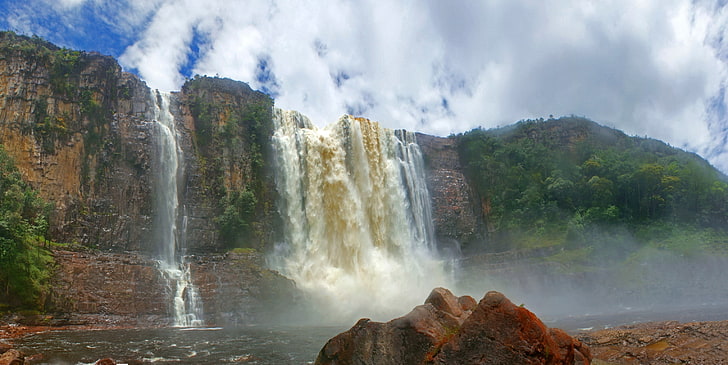 Canaima National Park, cliff, clouds, landscape, nature, river, Tropical Forest, Venezuela, waterfall, HD wallpaper