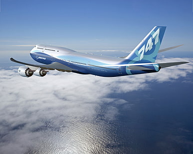 Avión comercial 747 blanco y azul, nuevo avión, en vuelo, Boeing 747-8 Intercontinental, Fondo de pantalla HD HD wallpaper