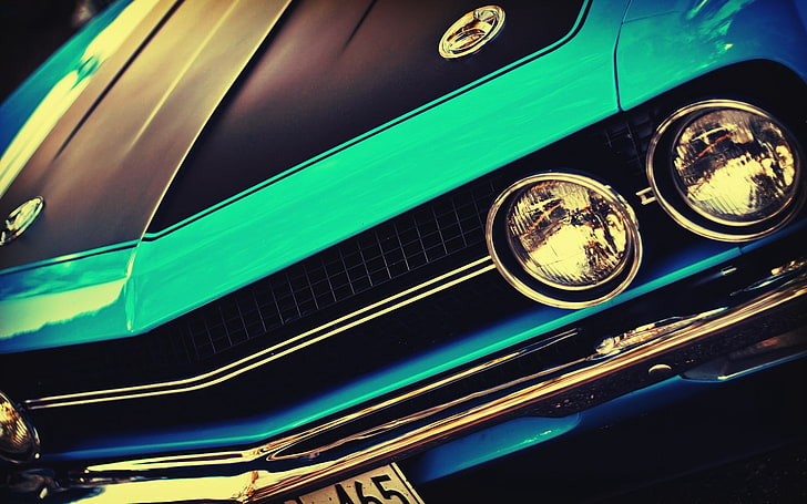blue muscle car, challenger, classic car, muscle car, street rod, headlights, front bumper, HD wallpaper