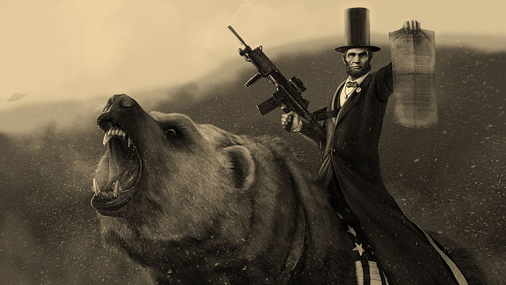 Abraham Lincoln, art numérique, humour, mitrailleuse, sépia, Fond d'écran HD