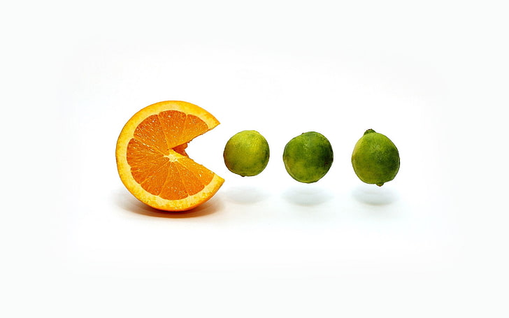 latar belakang putih, buah, oranye (buah), lemon, latar belakang sederhana, Pac-Man, Wallpaper HD