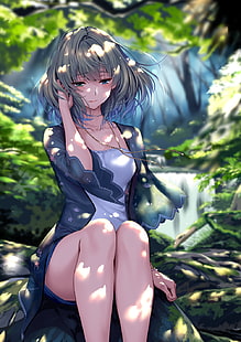 Anime, Anime Mädchen, im Freien, Beine, sitzen, HD-Hintergrundbild HD wallpaper