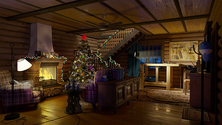 christmas, xmas, home, interior, illustration, lobby, christmas season, house, christmas tree, fireplace, HD wallpaper