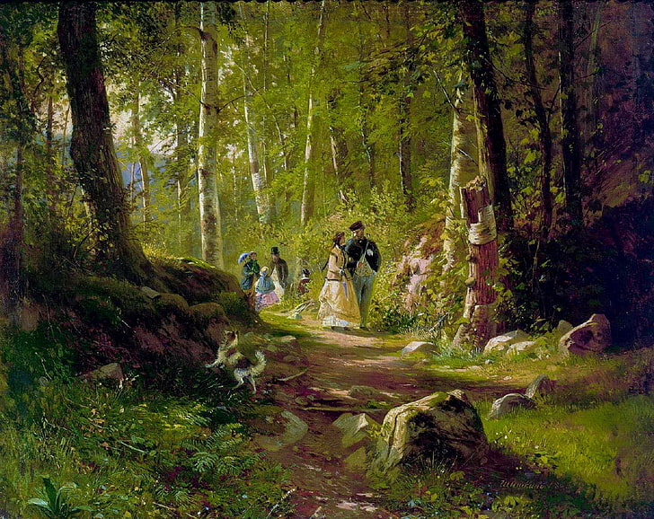 woman in yellow dress near man in suit walking in forest painting, picture, Shishkin, In the woods, HD wallpaper