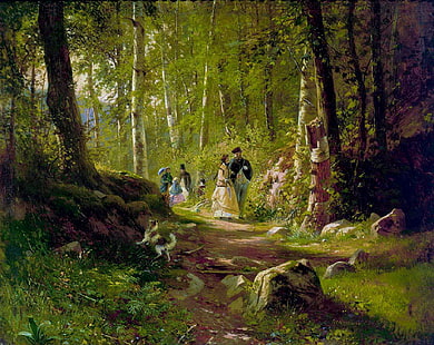Mujer vestida de amarillo cerca del hombre en traje caminando en la pintura del bosque, fotografía, Shishkin, en el bosque, Fondo de pantalla HD HD wallpaper