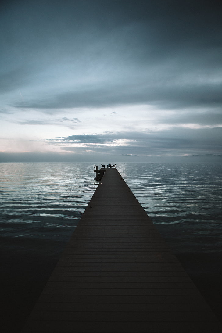 brown wooden dock, jetty, pier, sea, horizon, evening, HD wallpaper