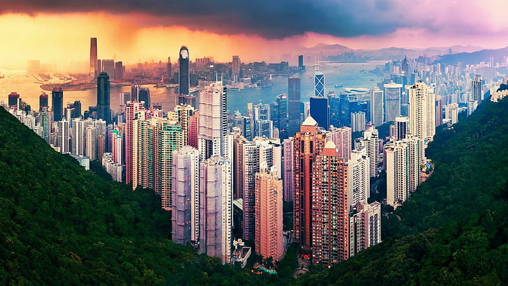 首都圏、都市、都市の景観、大都市、高層ビル、スカイライン、空、昼間、タワーブロック、建物、ダウンタウン、アジア、香港、中国、ビクトリアピーク、 HDデスクトップの壁紙
