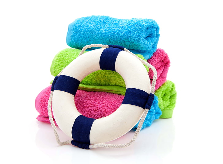 white and blue swim ring, circle, towels, white background, HD wallpaper