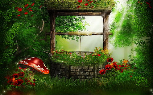 예술, 판타지, 꽃, 숲, 마법의, 버섯, HD 배경 화면 HD wallpaper