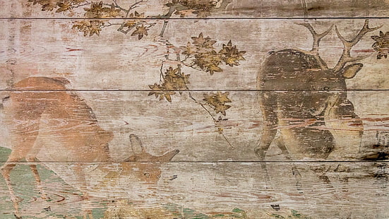 자연, 동물, 디지털 아트, 사슴, 목재 표면, 목재, 그림, 널빤지, 분기, 잎, HD 배경 화면 HD wallpaper