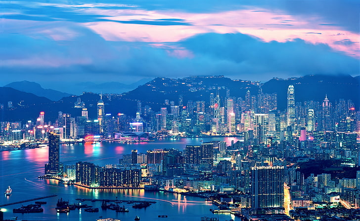 Hong Kong Night Lights, skyscrapers, Asia, China, Lights, Night, Kong, Hong, HD wallpaper