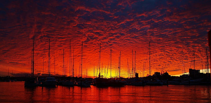 zachód słońca, dok, statek, niebo, światło słoneczne, Tapety HD