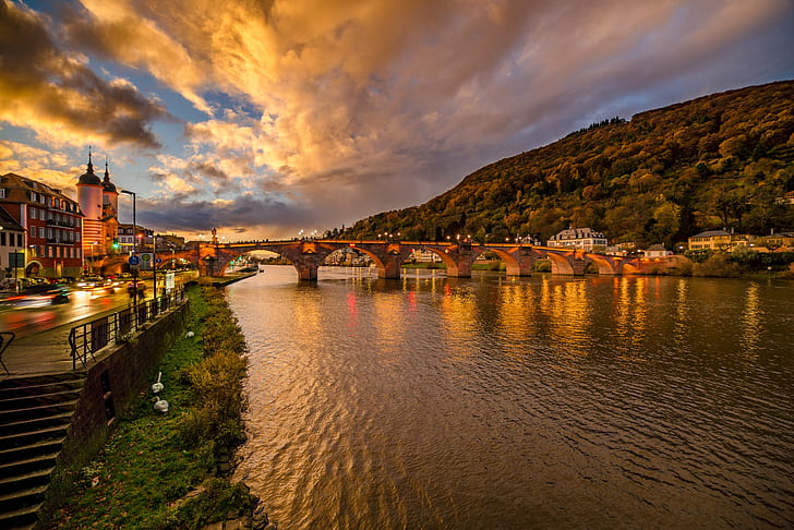 most, miasto, rzeka, ulica, budynek, wieczór, Niemcy, oświetlenie, wzgórze, Heidelberg, Kristian Karaneshev, Tapety HD