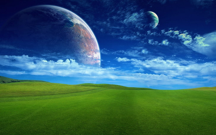 green grass field, grass, greens, field, lawn, sky, planets, space, clouds, HD wallpaper