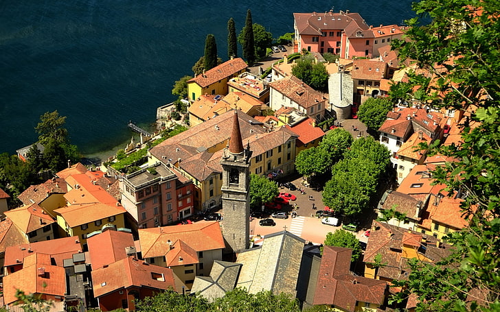 Vista aérea, tejados, ciudad, paisaje urbano, Italia, Lago de Como, Fondo de pantalla HD