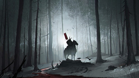 Фантазия, самурай, кръв, тъмно, гора, кон, воин, HD тапет HD wallpaper