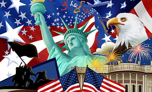 4 Juli, ilustrasi bendera Amerika Serikat, Hari Libur, Hari Kemerdekaan, kami hari kemerdekaan, 4 Juli, 4 Juli, 4 Juli, perayaan hari kemerdekaan Amerika, simbol-simbol Amerika, Wallpaper HD HD wallpaper