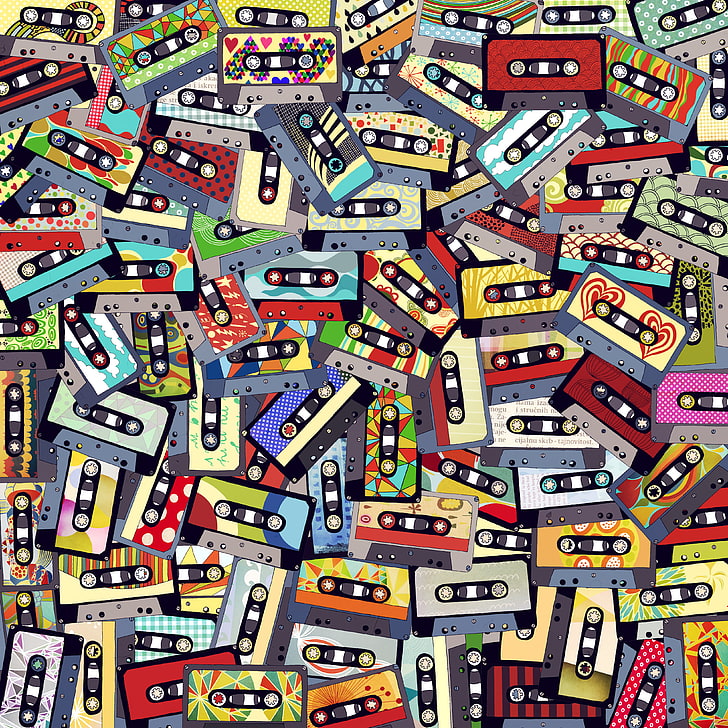 kaseta magnetofonowa w różnych kolorach, kasety magnetofonowe, kolaż, kolorowa, Tapety HD