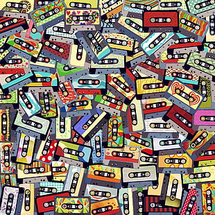 wallpaper kaset warna-warni, kaset audio, kolase, berwarna-warni, Wallpaper HD HD wallpaper